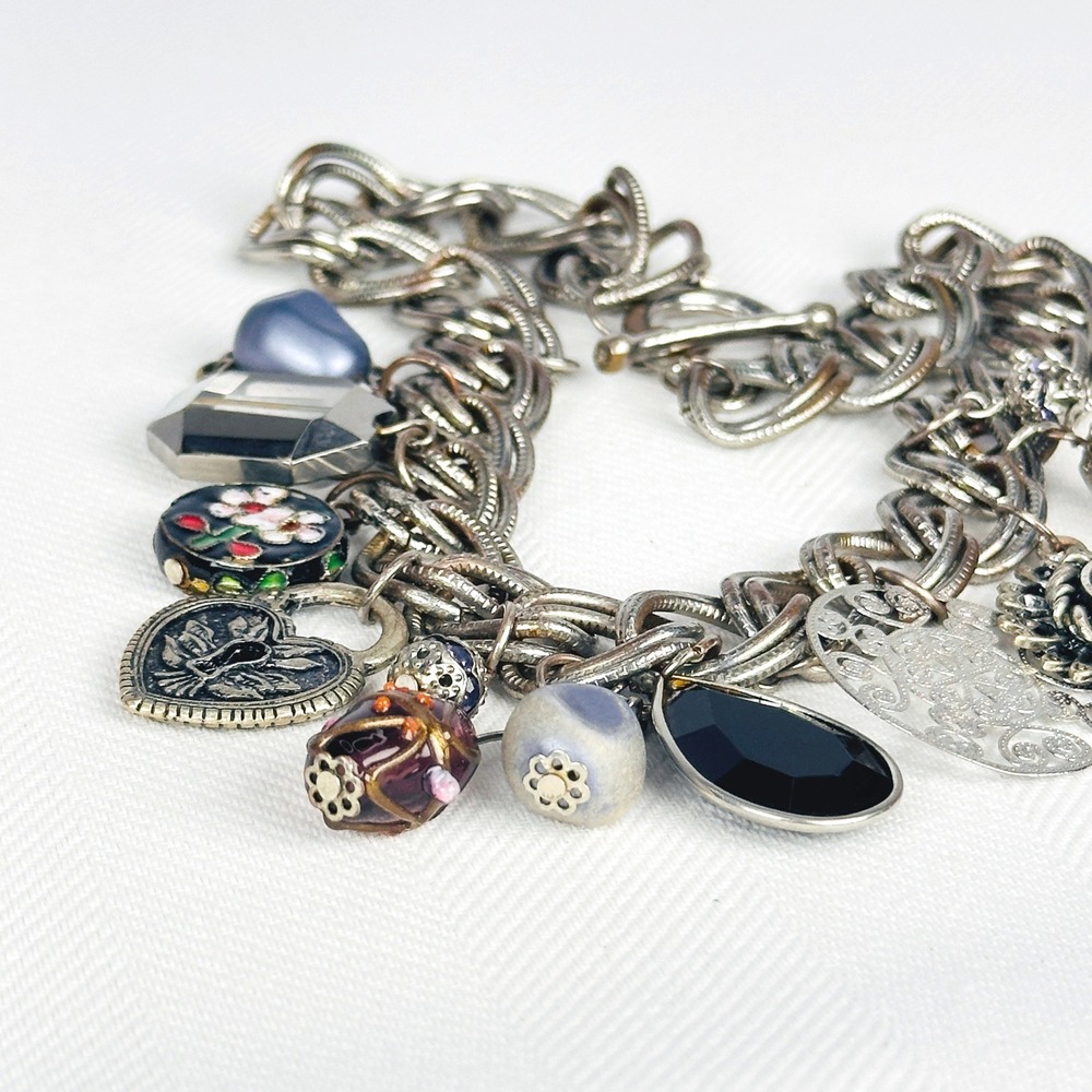 Vintage 90s Silver Charm Necklace Heart Locket Enamel Eclectic Chain Toggle - Picture 5 of 7